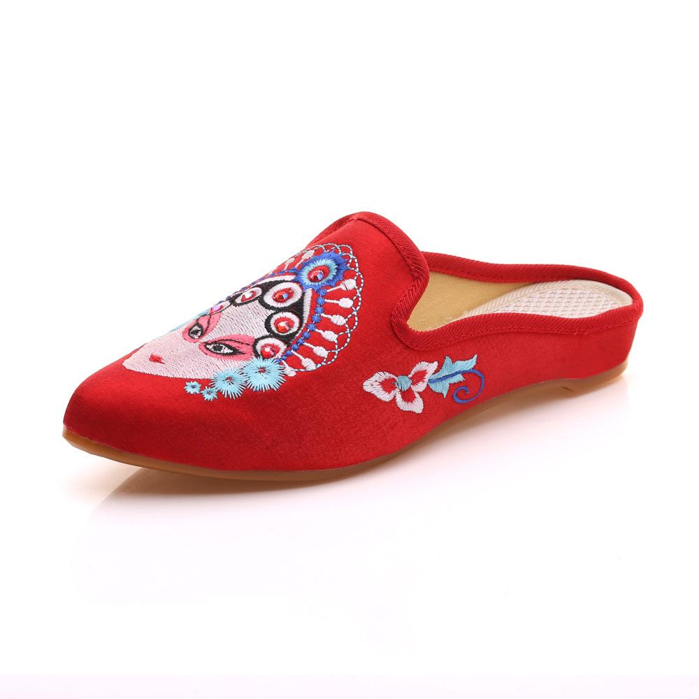 Slippers, Summer Fabric Slippers Peking Opera Huadan Face Mask Embroidered Pointed Women's Sandals