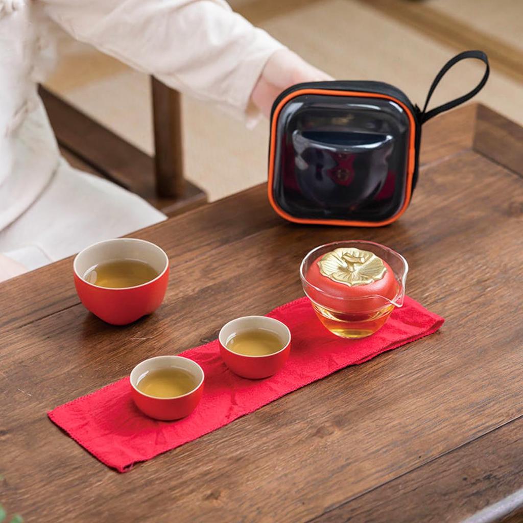 NUZAMAS Portable Travel Tea Set for Adults, Orange Quick Cup, 3 Ceramic Teacups with Teapot for Outdoor Camping, Home, and Office Use