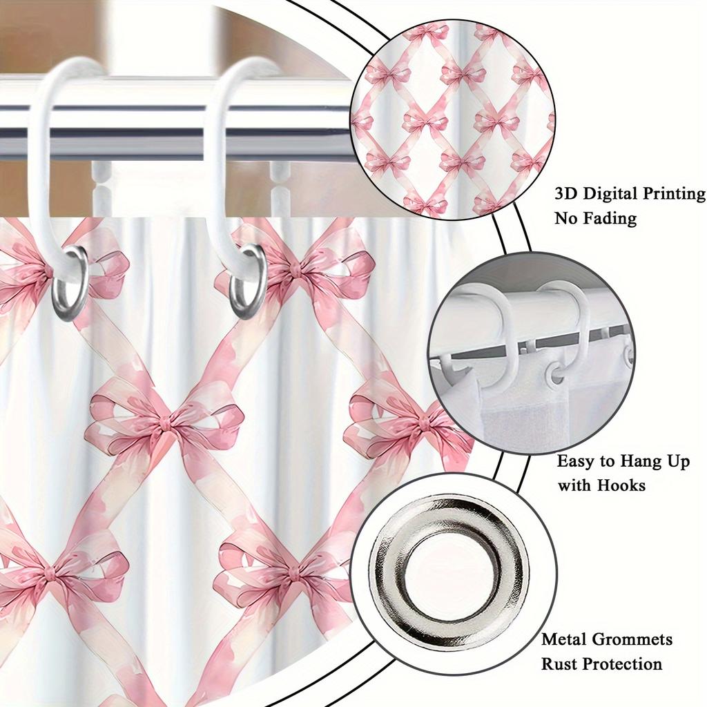1Pc Pink Princess Bow Shower Curtain - Cute Cartoon Design, Polyester, Valentine'S Day Decor, 12 Hooks, Washable