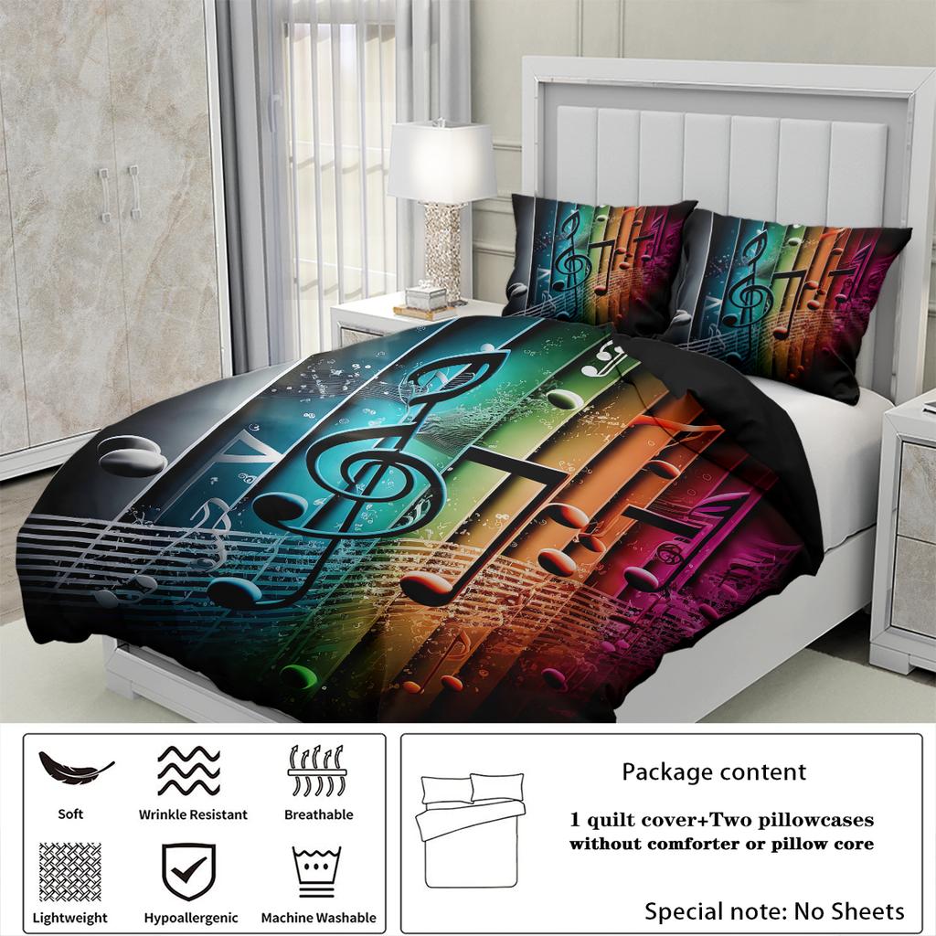 3pcs Color musical note pattern bedding set, 1*duvet cover+2*pillowcase,for single bed, teenagers and adults bedroom, home decor