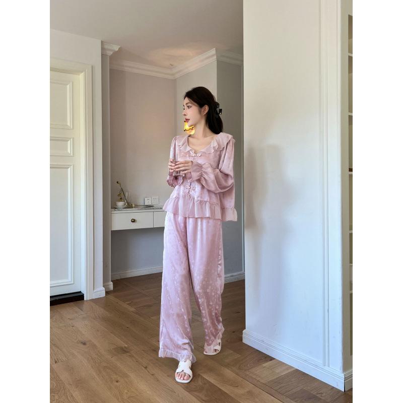 Spring and autumn new ice silk jacquard pajamas women's sweet long-sleeved court style high-end small fragrant style loungewear set