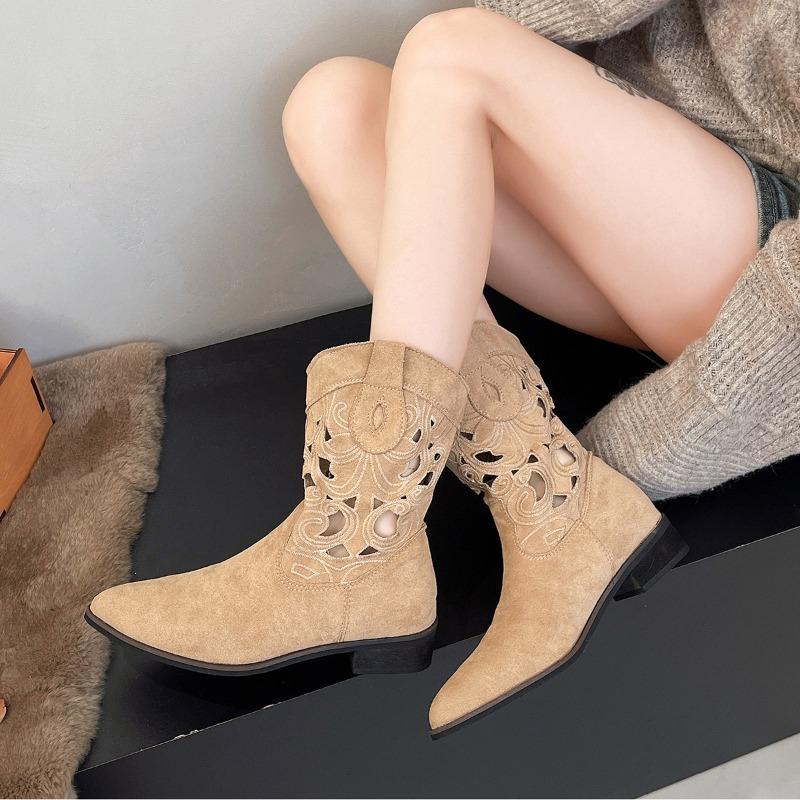 Fashion Slip-on Block Heel Single Boots Autumn New Pointed Embroidery Hollow-out Soft-sole Anti-slip Wear-resistant Booties