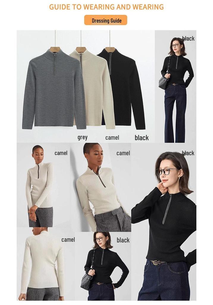 Women's Casual Slim Fit Long Sleeve 100% Wool Half-Zip Sweater for Autumn and Winter