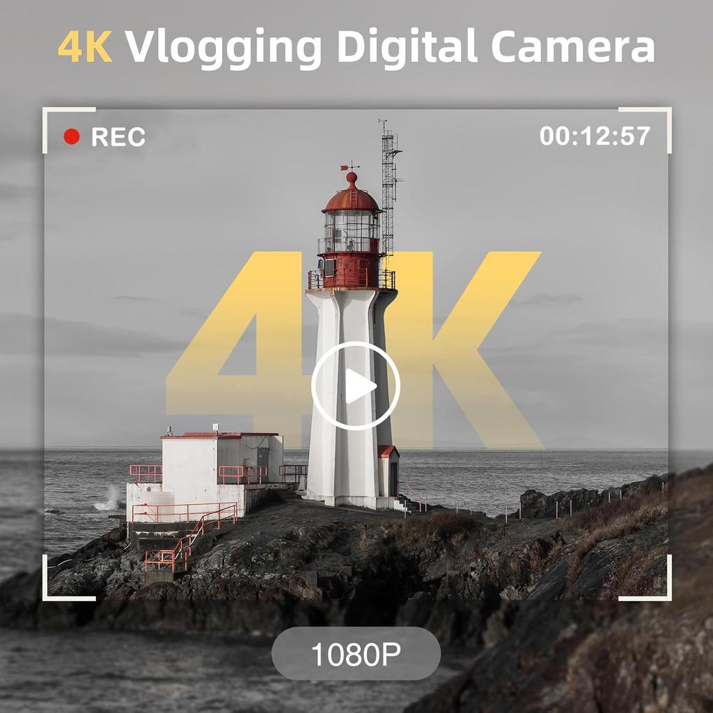 Upgrade 4K Digital Camera for Photography 48MP with 3'' 180° Flip Screen 16X Zoom Autofocus Vlogging Camera for YouTube, Compact Point and Shoot