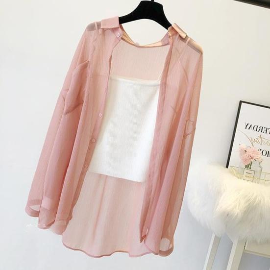 Women Top Beach Cover-up Thin Anti-UV Long Sleeves Solid Color Loose Soft Casual Lapel Spring Summer AC Shirt Sun Protection Coat