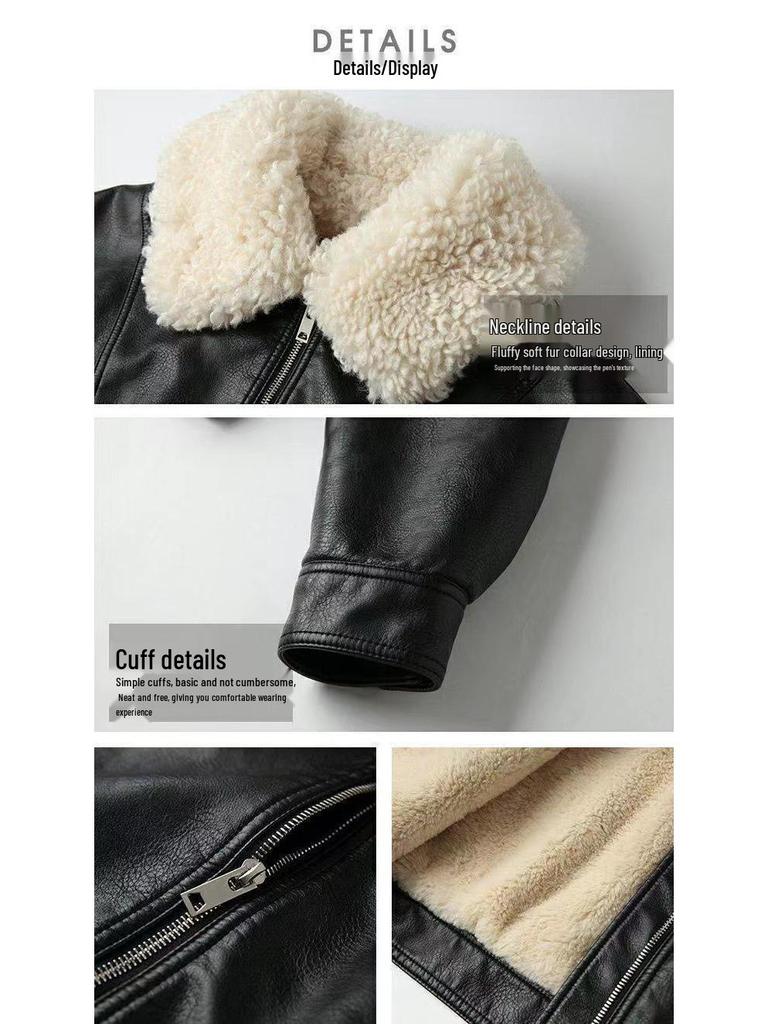 Women's Retro Black Leather Coat with Lambswool Collar - Autumn/Winter Fleece-Lined Motorcycle Jacket