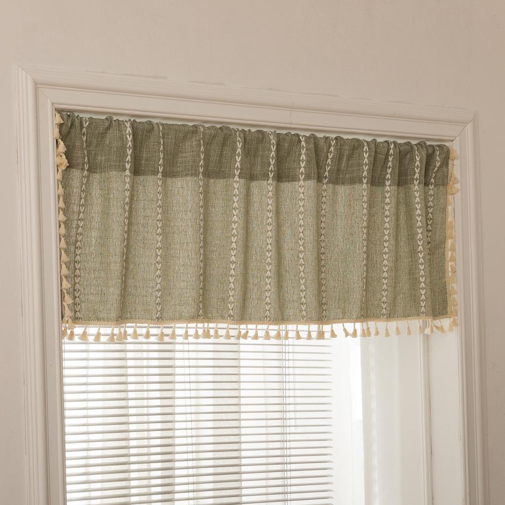 Cotton And Linen Fringed Kitchen Window Drapery French Striped Rod Pocket Curtain