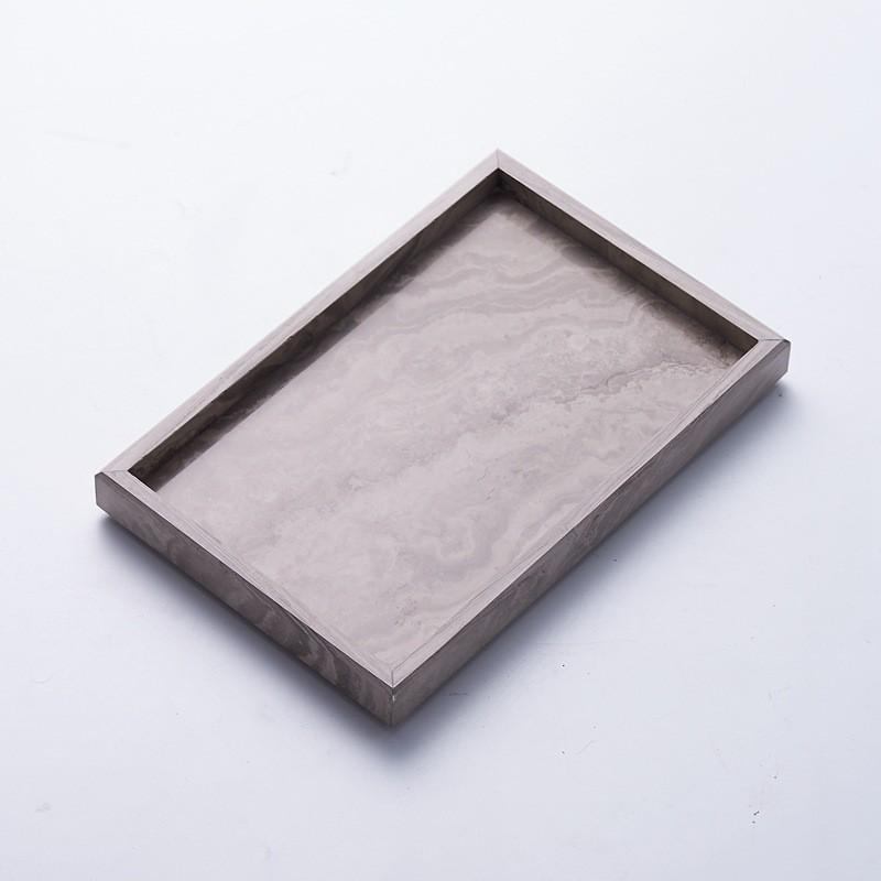 Natural Wood Grain Marble Tray Jewelry Cosmetics Display Rectangular Stone Organizer With Metal Handle