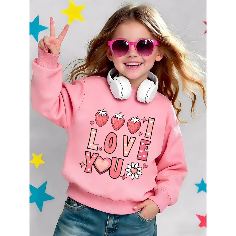 European sizes Cute Printed Pattern 0-3 Years Kids' Spring Lightweight Round Neck Sweatshirt with Strawberry and Heart Design, Comfortable