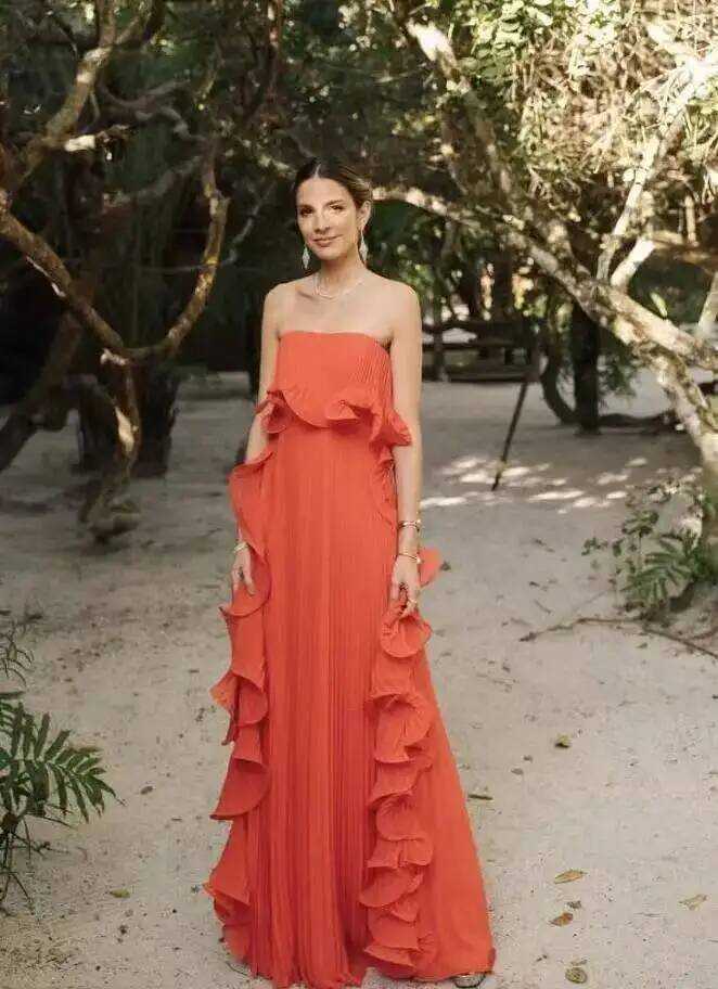 Women Summer Holiday Dress Orange Pleated Chiffon Long Formal Dresses Custom Made Ruffled Strapless Beach Party Dress U99Z