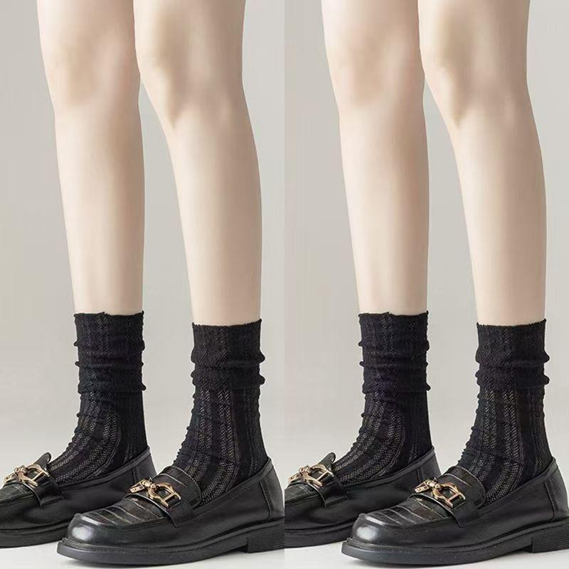 Summer Thin Net Socks Paired with Mary Jane Shoes, Ballet-style Hollowed-out Linen Patterned Mid-calf Socks, Women's Pile-up Socks