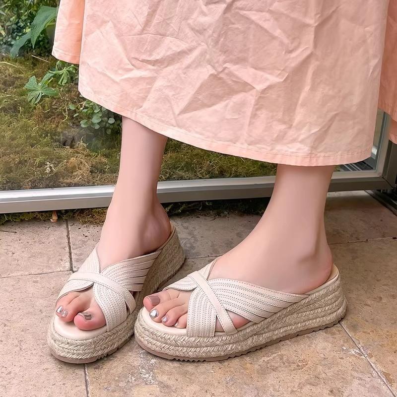 

Straw thick-bottomed wedge slippers women s one-character slippers summer new round-headed open-toed mid-heeled cool slippers 40