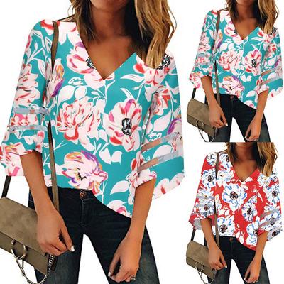 Womens V Neck Blouse Chiffon Floral Mesh Panel Beach Tops 3//4 Bell Sleeve Summer Casual Loose T-Shirt
