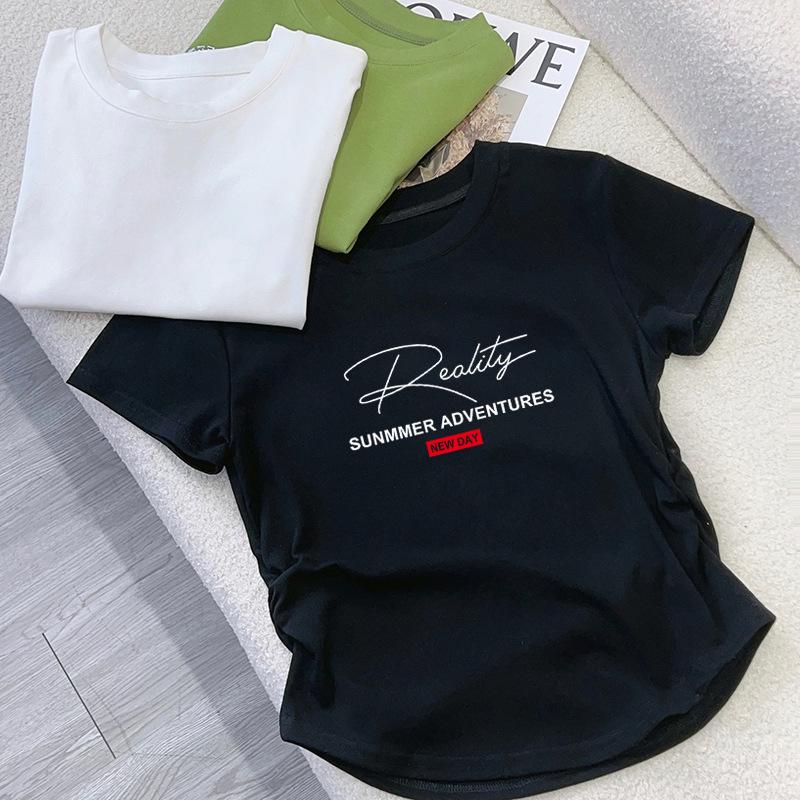 

Женская летняя хлопковая футболка свободного кроя в корейском стиле с надписью S (70-95 lbs)