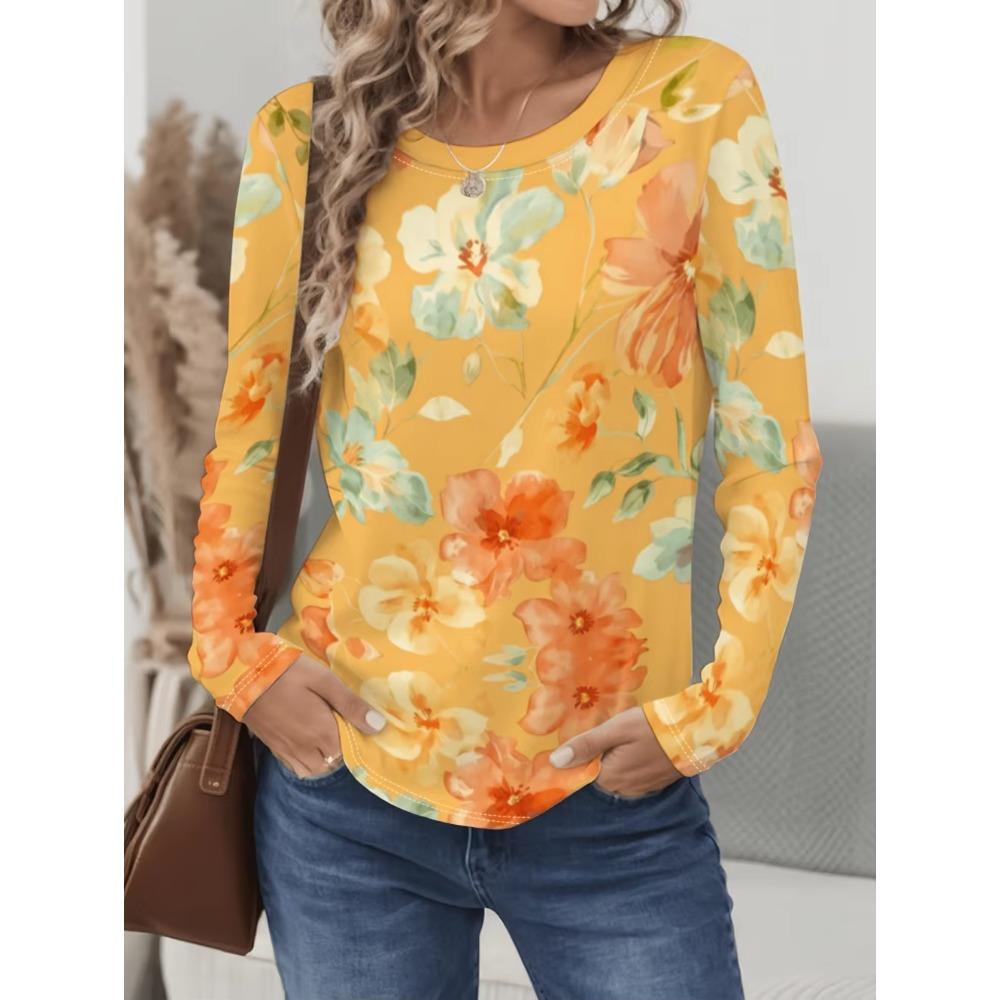 Vintage Floral 3D Print Women's Crew Neck Long Sleeve T-Shirts Comfortable Fashion Tops Tee Y2k Clothes Harajuku Female Clothing