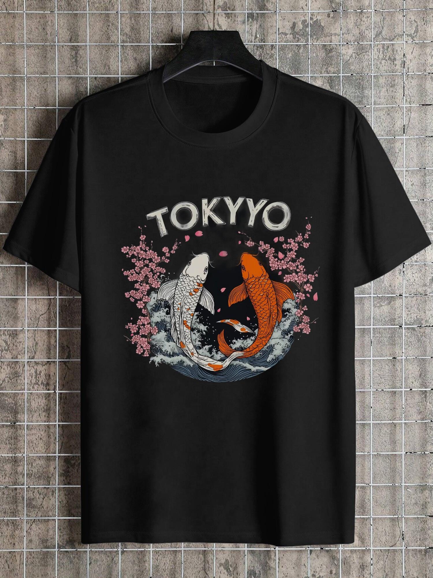 Tokyo Koi Fish & Cherry Blossom Graphic T-shirt - 180g Cotton Crew Neck Short Sleeve XXXXL