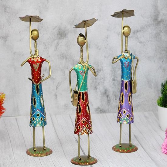 Set of 3 Handmade Metal Fashion Dolls with Umbrella Decorative Home Decor Showpieces