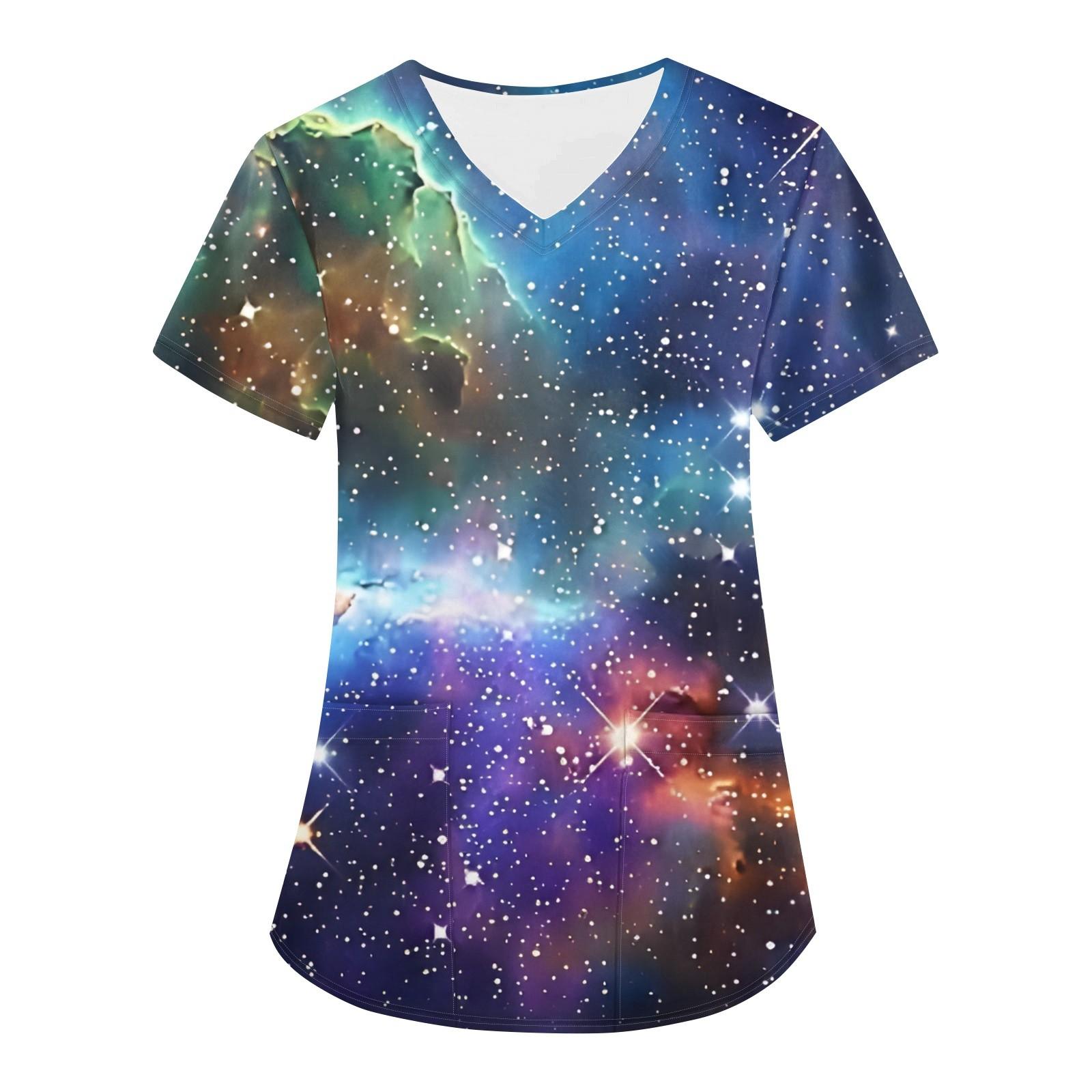 

Женская модная астральная принтованная футболка с коротким рукавом и V-образным вырезом с маленьким карманом S