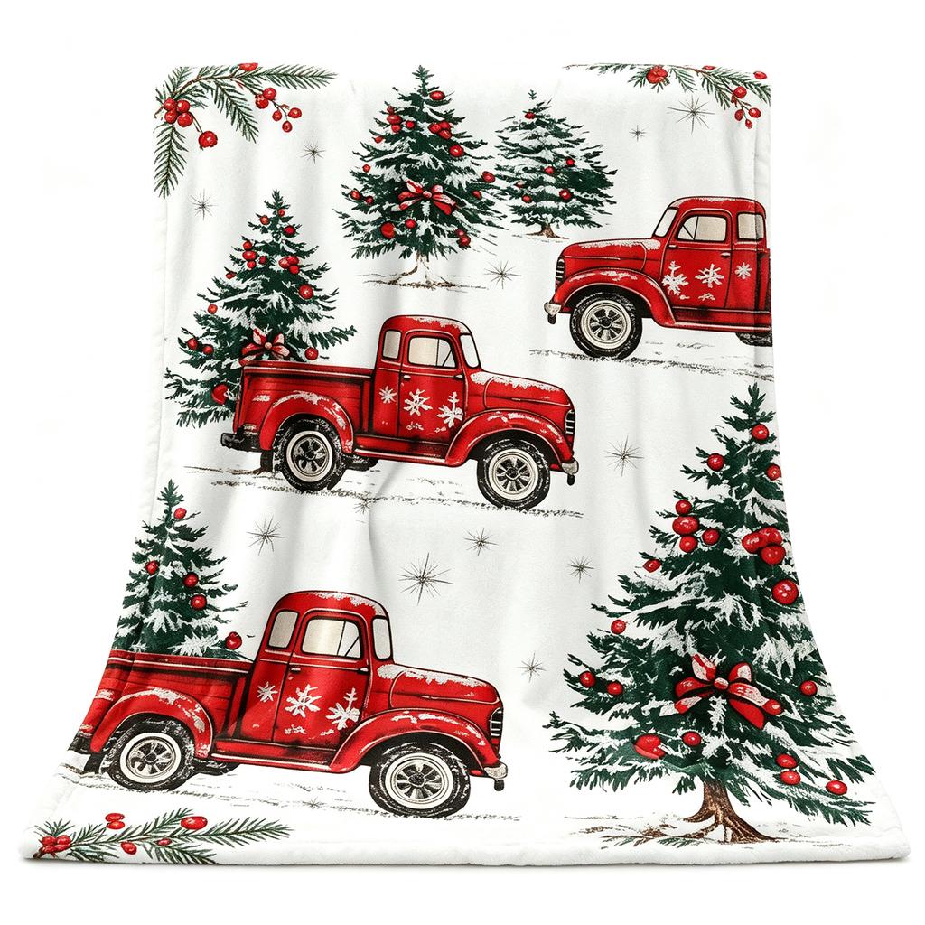 Red Vintage Truck Christmas Flannel Throw Blanket, Old Red Pickup Xmas Tree Snowflake Print Soft Cozy Blanket for Sofa Bed Holiday Gift