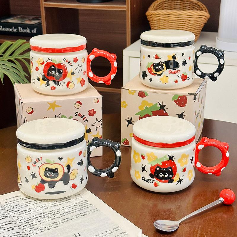 Cartoon Fruit Black Cat Ceramic Cup with Lid Cute Animal Household Mug Breakfast Milk Oatmeal Cup Souvenir