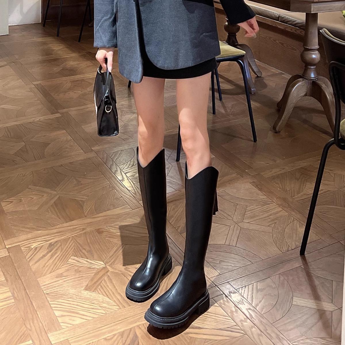 

[] Small man thick-soled thin boots elastic V-mouth long boots rear zipper tall knight long boots 40