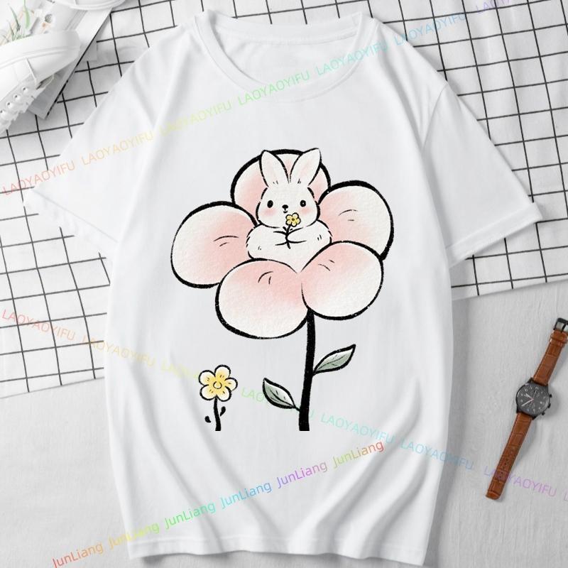 Korean Edition Strawberry Rabbit Cartoon Printed Unisex And Women Short Sleeved Top Trendy Summer Womens Blouse Y2k Clothes Goth