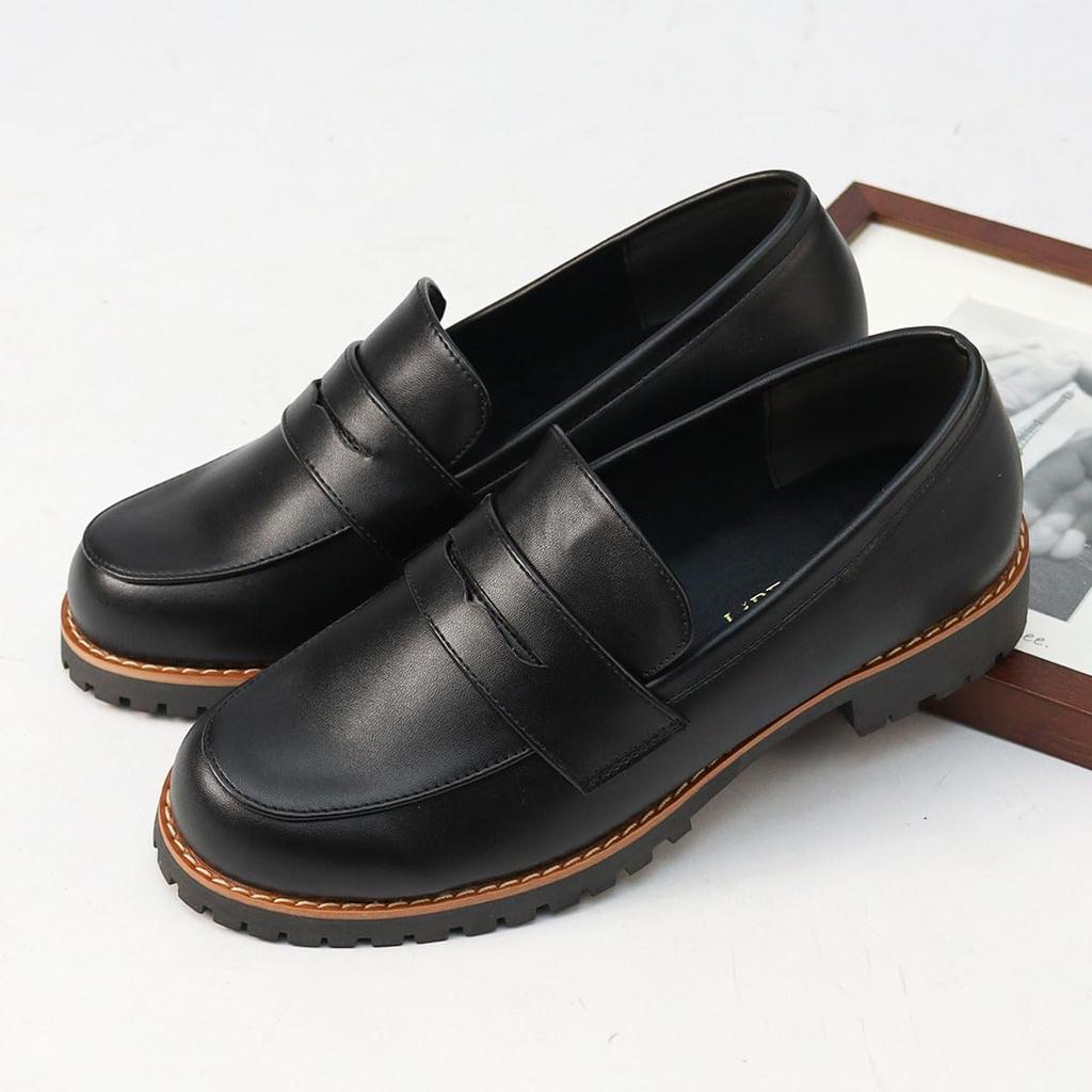 Mocasini cu monede pentru pistă rotundă joasă PU sintetic pantof japonez [Liberty Doll] Femei, Talpă, Vârf, Toc, Toc de 2,5 cm, Piele, Piele, Email, Negru,