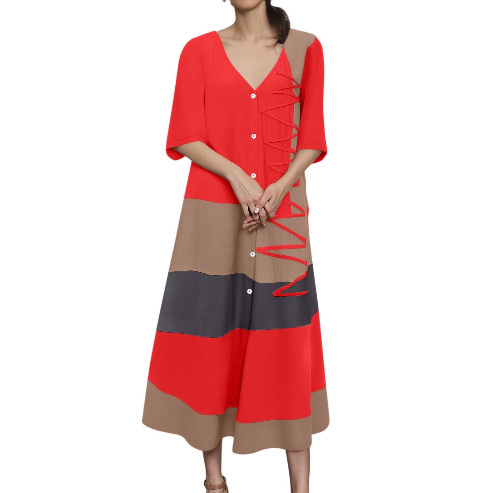 

Женское модное платье с V-образным вырезом, короткими рукавами, пуговицами, повседневное, с принтом, длинное M красный