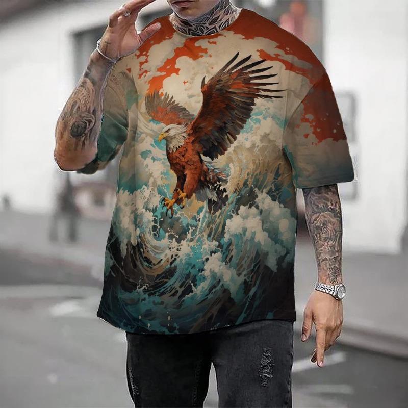 Camiseta casual masculina com blocos de cores, estampa 3D, gola redonda, manga curta, camiseta grande, roupas masculinas, tops, streetwear, verão