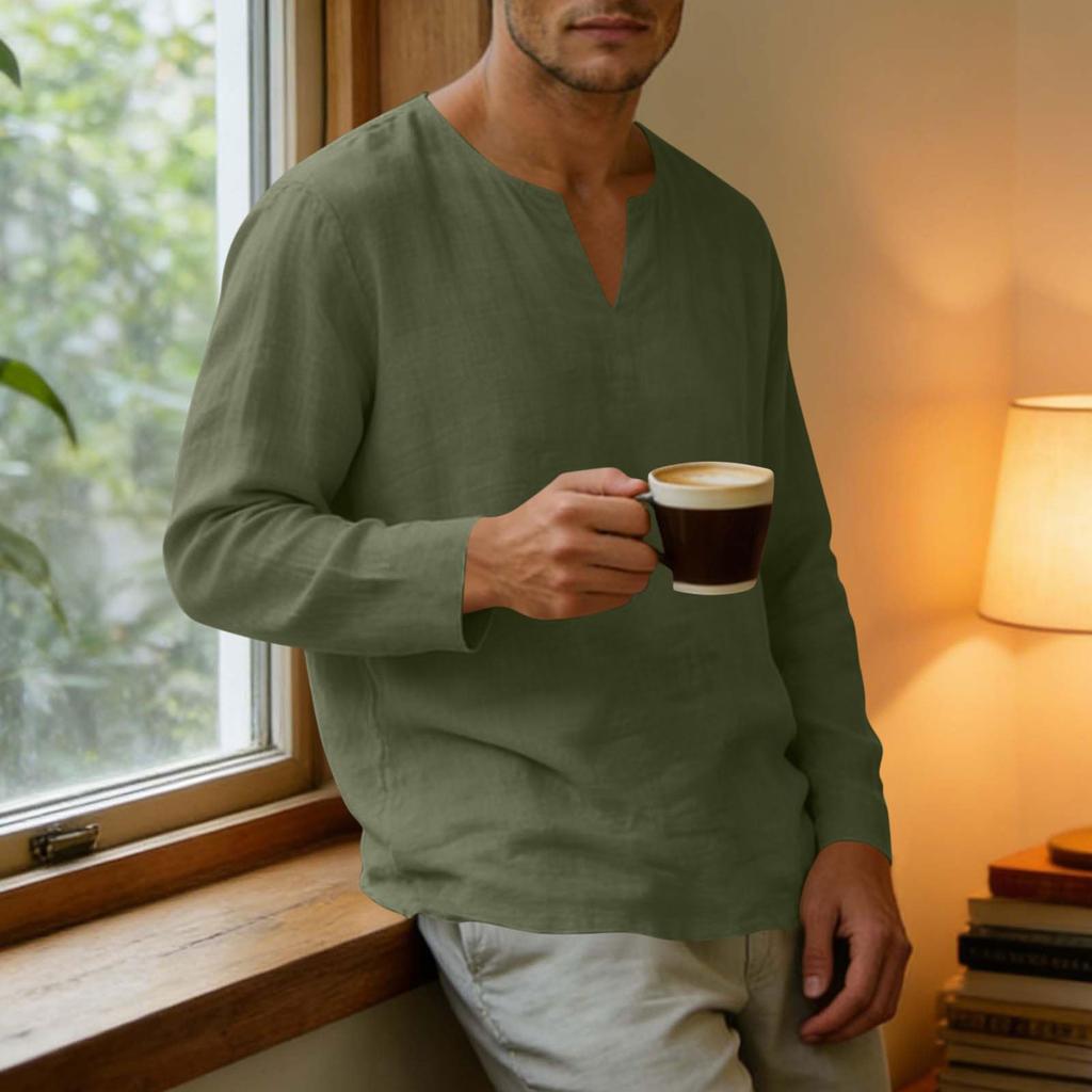 Men's Linen V-Neck T-Shirt Loose Fit Casual Summer Top