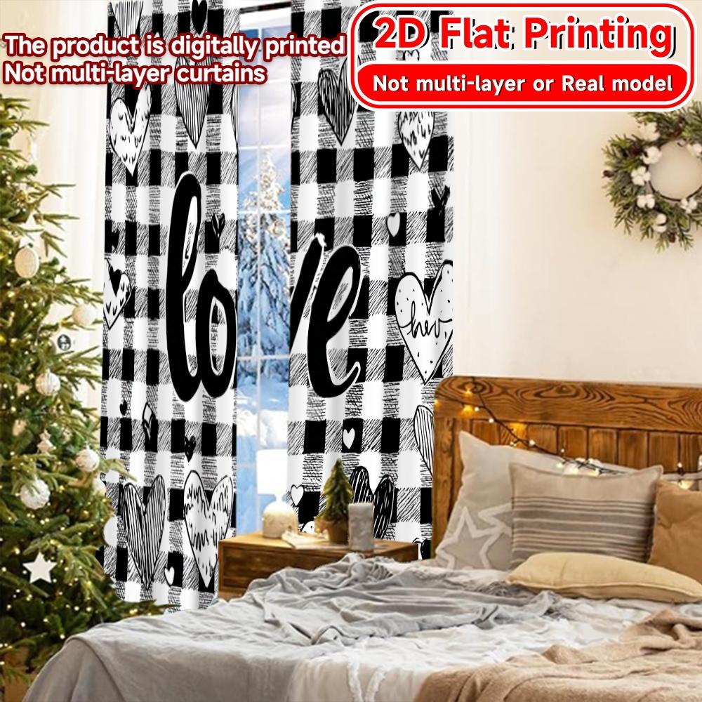 Set Of 2 Flat Printing Love Checkered Popular Curtains Drapes Versatile Fabric Thermal Insulation Curtain Blackout Polyester