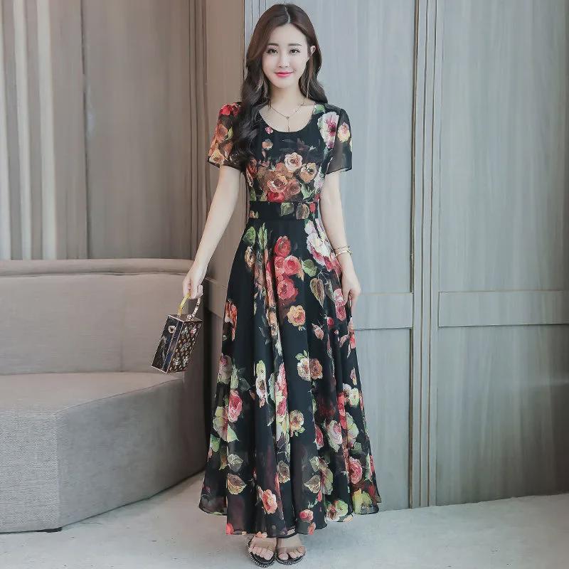 180g Korean Printed Ice Silk Dress, Round Neck, Medium-Length, Plus Size, Summer Skirt for Middle-Aged Women