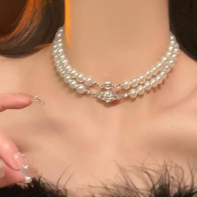 Planet Saturn Double Pearl Necklace Female Choker Light Luxury High-end Accessories Multi-layer Niche Collarbone Neck Chain
