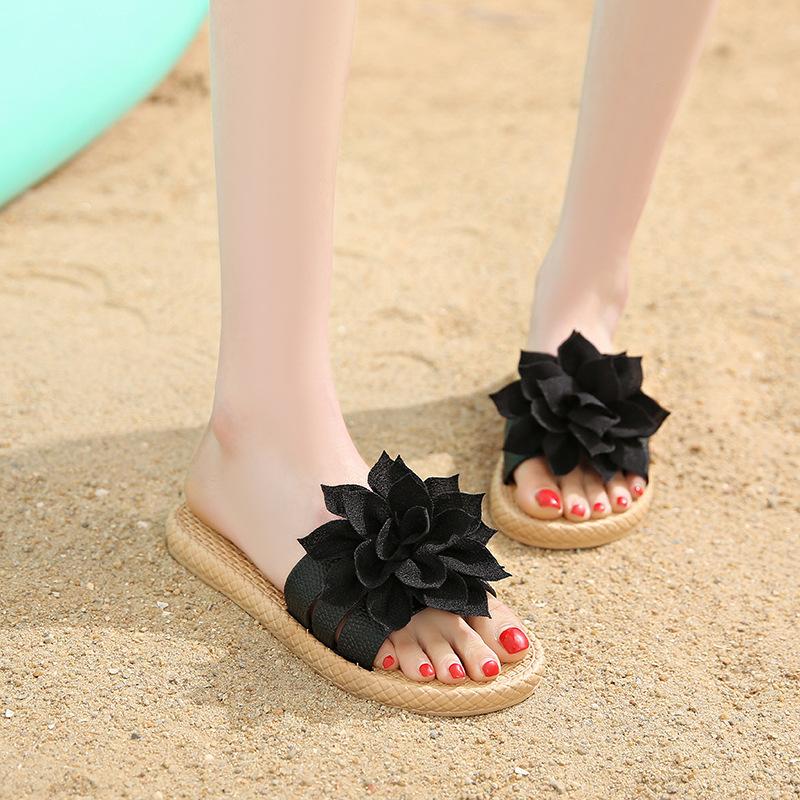 New big flower summer slippers students wear wear wear-resistant flat sandals home cute beach shoes