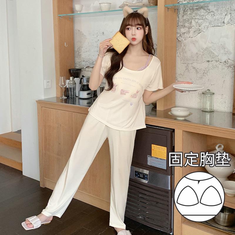

[Мисс Ниша] Новая пижама с чашечками, женский летний комплект с принтом кроликов, милая домашняя одежда, можно носить на улице M