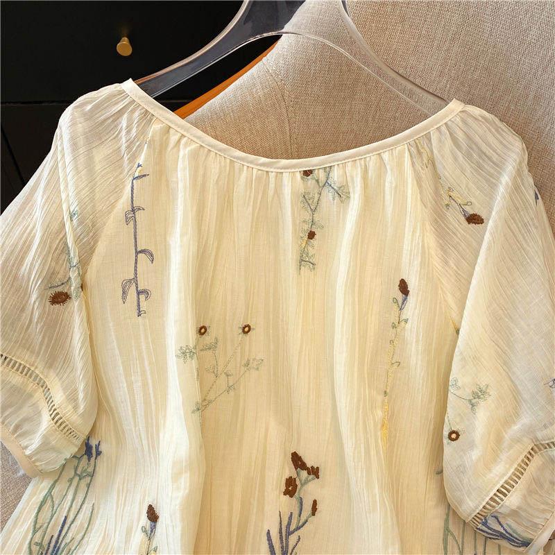 Short-sleeved Shirt Women Summer Loose Thin Flowers Printed Round Neck Tie Blouse Top