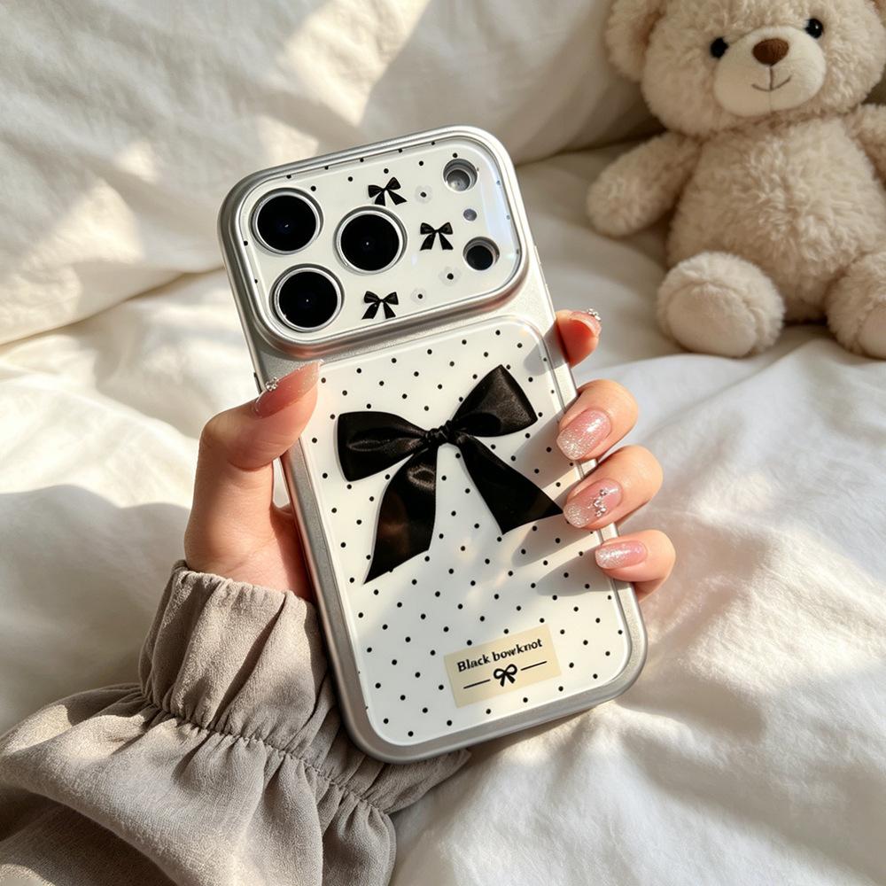 Polka Dot Black Bow Is Suitable for Niche iPhone17Pro Apple 17/16 Mobile Phone Case Imitation Glass 17pm Silicone.