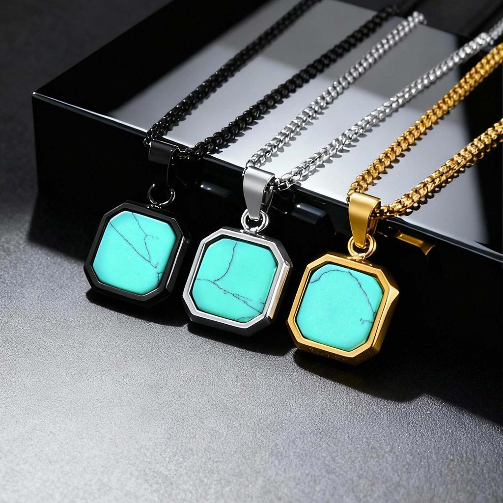 Mode Hohe Qualität Naturstein Quadratischer Anhänger Edelstahl Lange Kette Halskette Trendiger Einfacher Beliebter Schmuck für Männer Geschenk