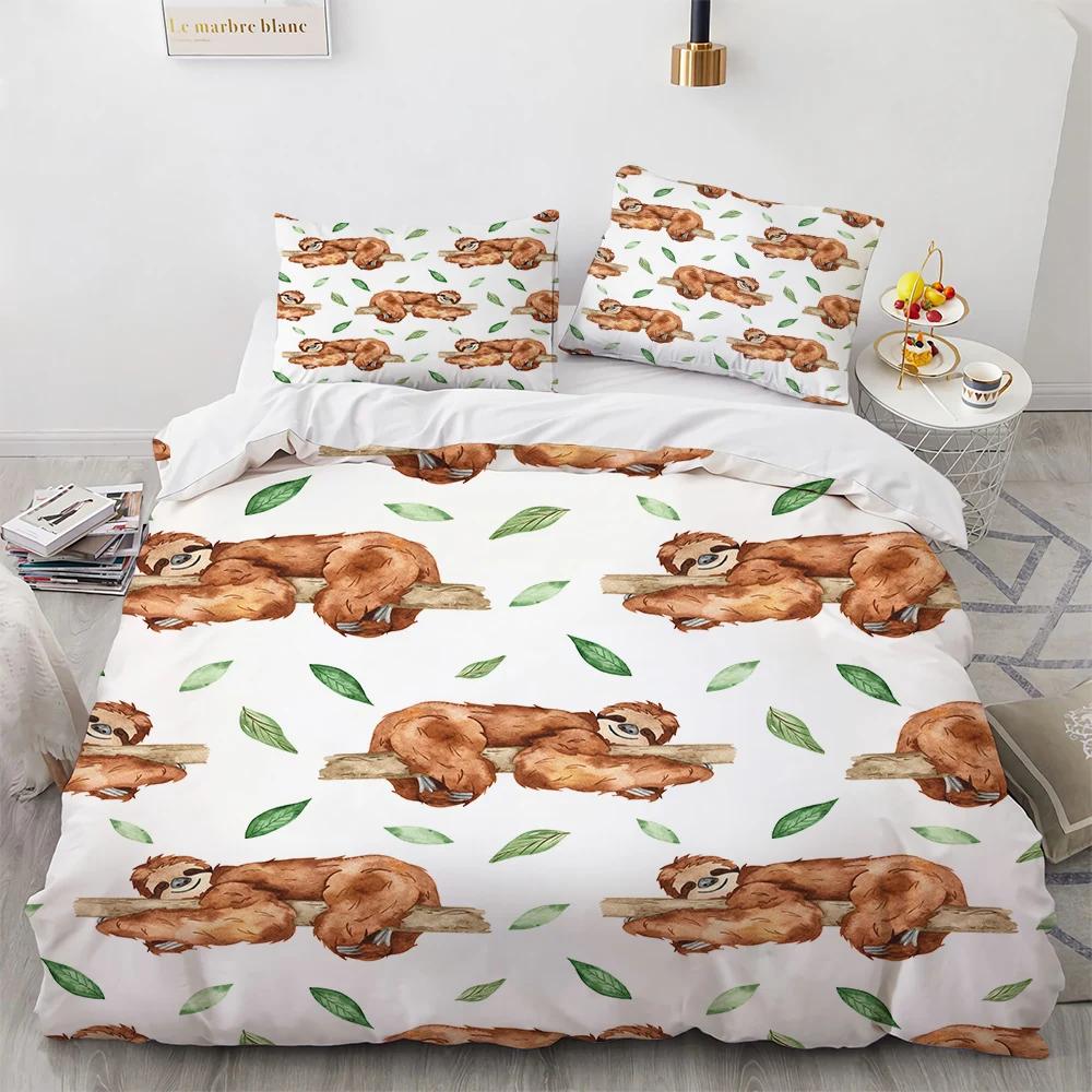 Watercolor Brown Sloth Duvet Cover Cartoon Animals Pattern For Kids Teens Boys Girls Wildlife Bedroom Decorations Quilt Cover