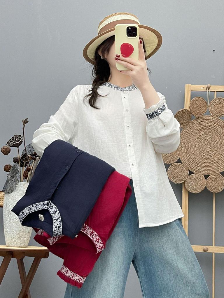 Women's Ethnic Embroidered Double-Layer Gauze Stand-Collar Long-Sleeve Shirt - Spring 2026 Collection