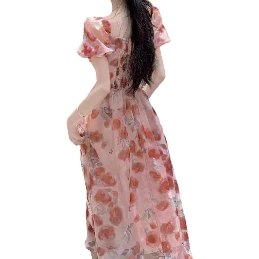 Elegant Fairy Floral Square-Neck Dress - Waist-Cinching Princess Design for Women, Perfect for Summer Tea Breaks