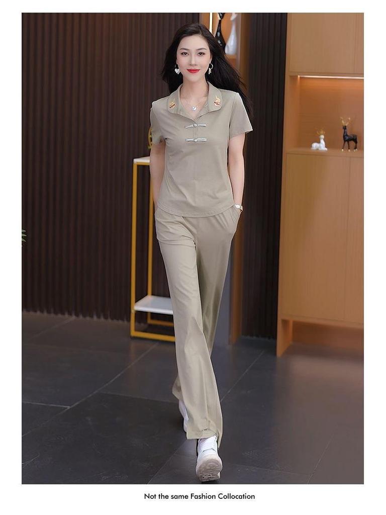 2025 Summer Trendy Chinese Casual Sportswear: Slimming Wide-Leg Pants Two-Piece Set
