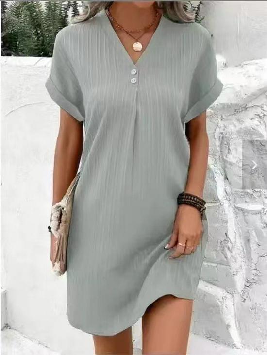 European & American Women's V-neck Solid Color Pullover Dress - 2023 Casual Fashion, Button Detail.
