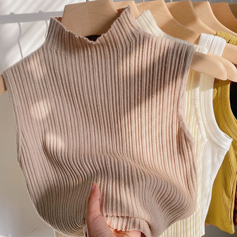 Women's Spring Summer Shrug Short Sleeveless European Style Half High Neck Knit Vest Thin Lining Top
