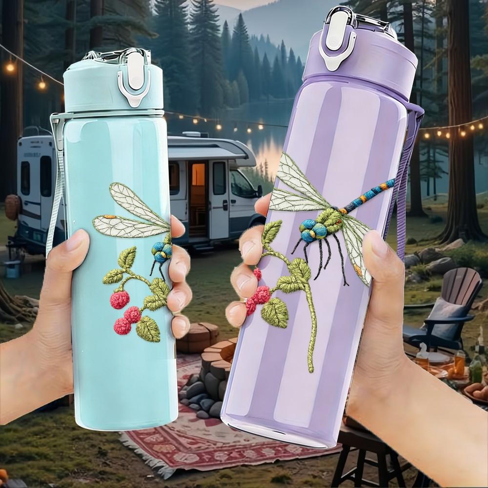1PC Dragonfly Flower Line Art Print 750ml Color Plastic Sports Water Bottle Leakproof Flip Straw Lid Suitable for Sports Office Home Use