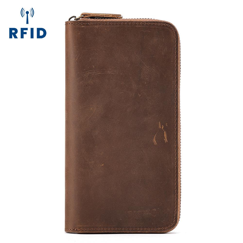 Men's RFID Retro Crazy Horse Leather Long Wallet Clutch - Genuine Leather Coin Purse