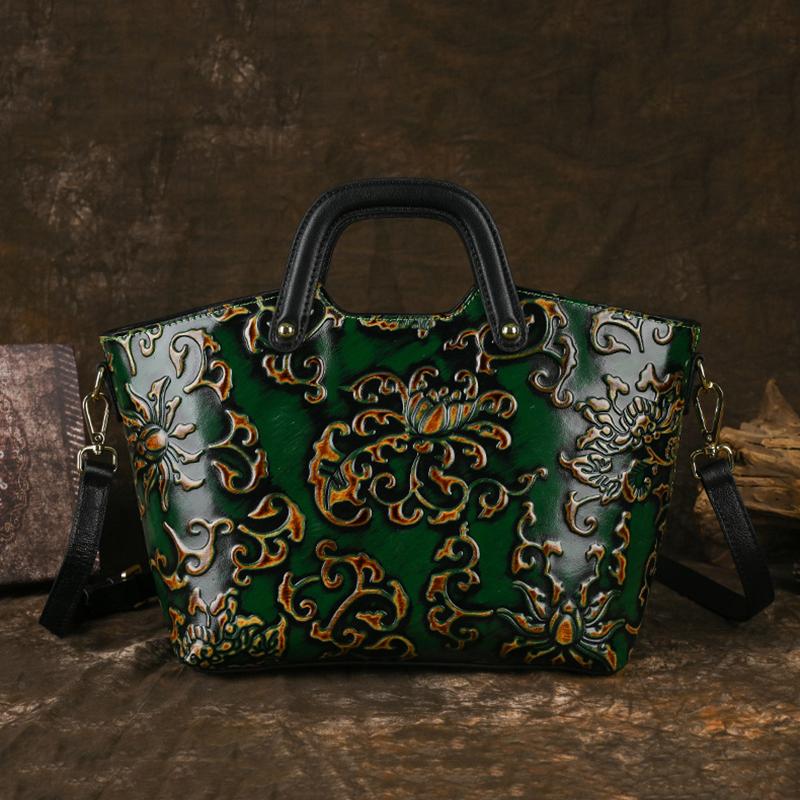 Vintage Chinese Rubbing-Off Color Technique Genuine Leather Women'S Bags Embossed Women'S Bags Leather Bags Premium