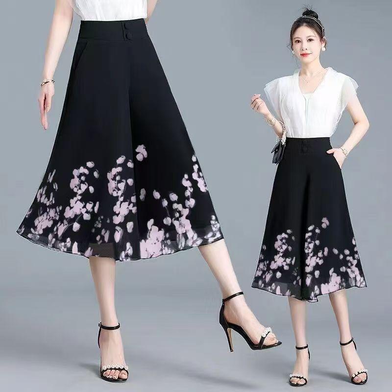 Summer Women Floral Wide Leg Pants Loose High Waist Chiffon  Casual Palazzo Trousers