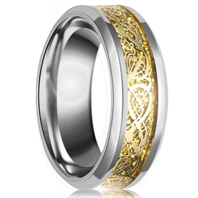 Fashion 8mm Men's Stainless Steel Celtic Dragon Ring Inlay Red Green Black Carbon Fiber Ring Wedding Band Charm Jewelry Gifts