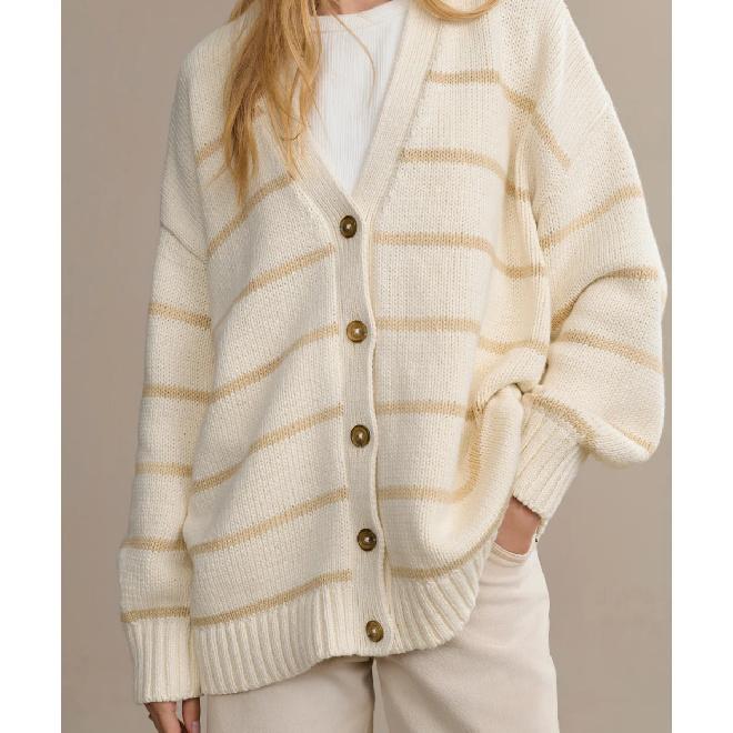 Women'S Striped Knit Cardigan V-Neck Cotton Thickened Warm Loose Fit Autumn Winter Sweater